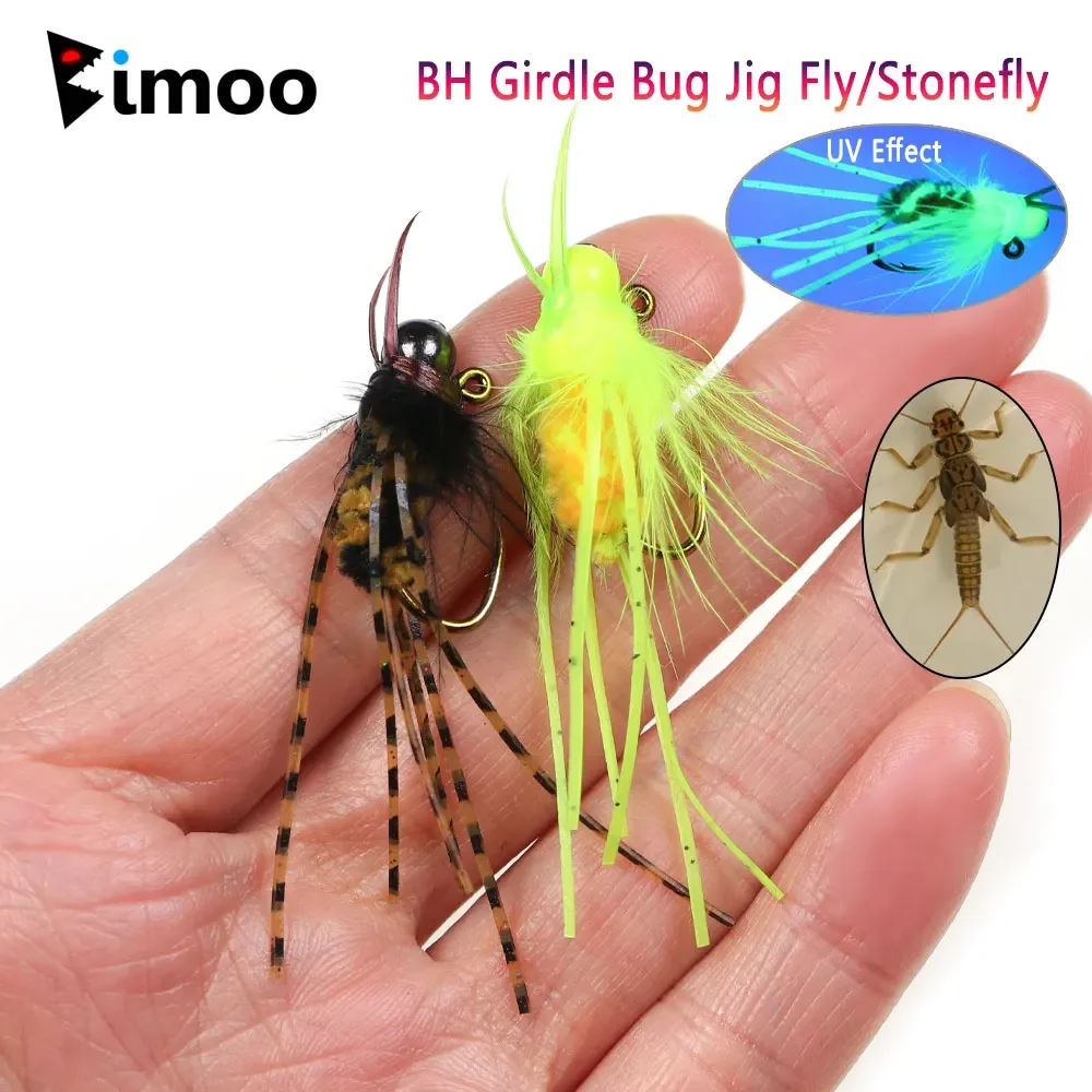 Bimoo 6PCS # 4 faja con cabeza de cuentas de latón, plantilla para insectos, mosca, Grizzly, patas de goma, fregadero rápido, anzuelo de púas Stonefly, Señuelos de pesca de trucha húmeda - imagen 2