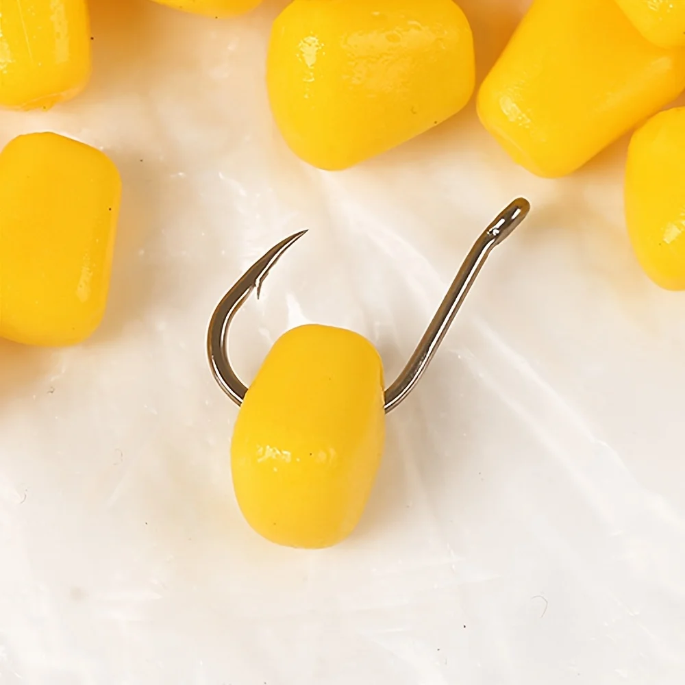 100 unids/lote cebo suave de silicona para maíz-señuelo de núcleo de maíz amarillo realista para pesca de carpa, dorado, lubina y trucha, señuelos blandos ideales