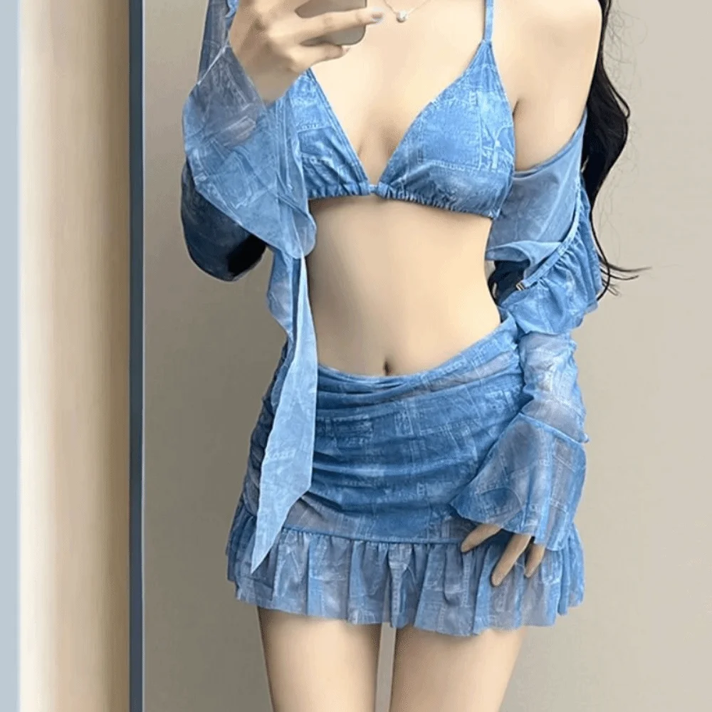 Bikini con cuello halter de diseño sexy Bikini dividido con cuello halter Conjunto de 4 piezas Ajuste adelgazante Traje de baño de manga larga de verano - imagen 5