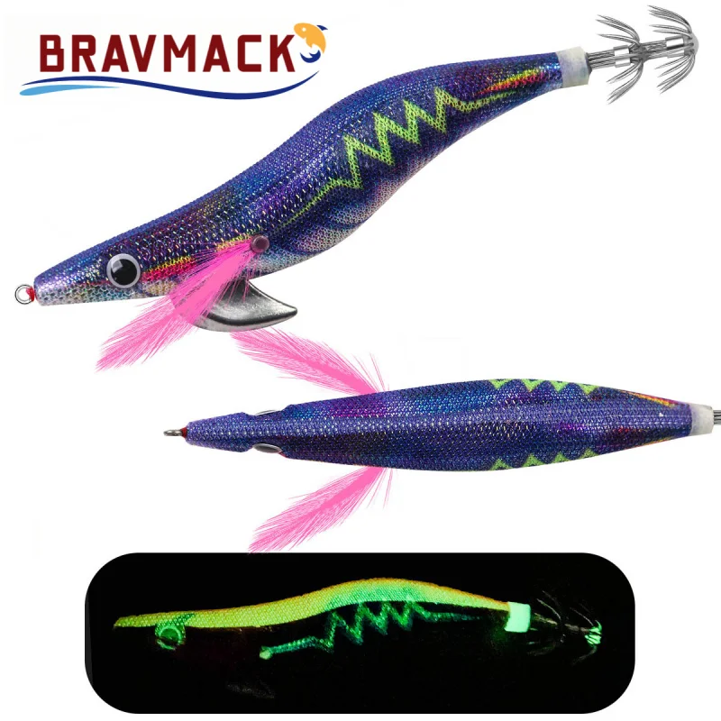 BRAVMACK-señuelo de pesca de madera de primera calidad, anzuelo de calamar, diseño realista de camarones y sepia, cebo duro para agua salada y dulce