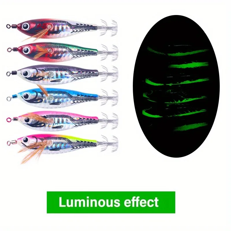 Ackibbik, 6 uds., plantilla de calamar Horizontal luminosa, plantillas brillantes de calamar de agua salada, plantilla de camarones de mar Horizontal, anzuelo de calamar, pesca nocturna - imagen 4