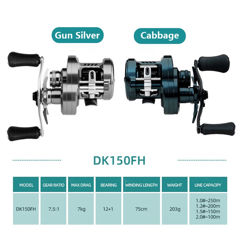 Kawa Visserij-reel Gegoten Trommelwiel DK100/150/200 Slepen 7/15kg Casting Reel12 + 1BB Gewicht 188/203g Metalen Body Handvat Met Rubberen Knop - imagen 2