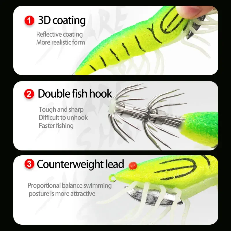 Bolsa de 8 Uds., plantilla de camarón de pie suave que brilla en la oscuridad, Señuelos de Pesca duros, anzuelo de calamar, cebo de madera para camarones, juego de Señuelos de Pesca - imagen 5