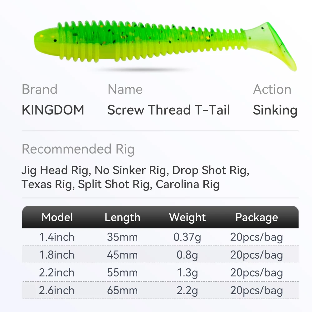 Kingdom T-tail 20 piezas cebo blando que se hunde 35mm 0,37g 45mm 0,8g 55mm 1,3g 65mm 2,2g cabeza de gusano suave Artificial para pesca de lubina - imagen 2