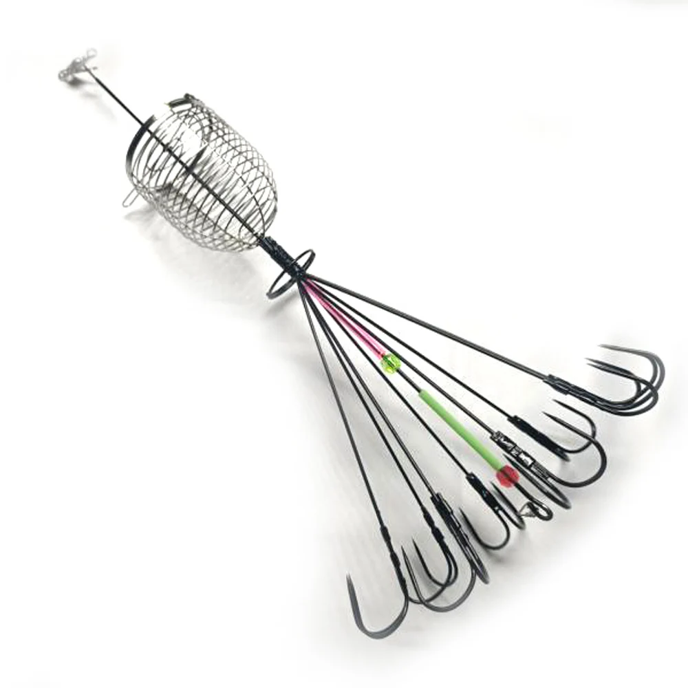 Anzuelo de pulpo atractivo de acero rico en carbono con jaula de cebo de Metal para alimentador de peces, 8 anzuelos de explosión para pesca de carpa - imagen 3