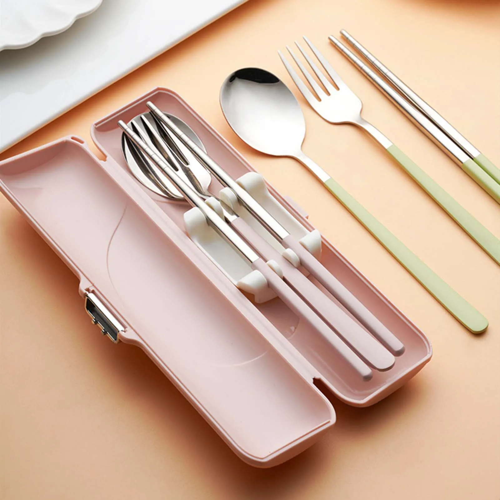 Utensilios portátiles para exteriores, palillos y cuchara con diseño de lazo encantador, juego de cubiertos portátiles de 3 piezas para viaje, Picnic, fiambrera - imagen 3