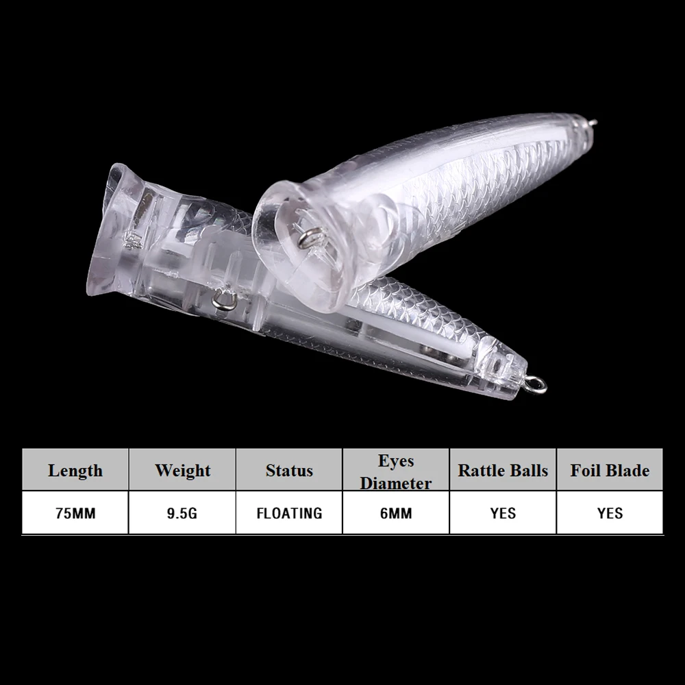 Chan'sHuang 20 piezas cebo en blanco sin pintar 7,5 cm 9,5g sonajeros flotante holográfico Popper DIY señuelo de pesca Artificial hecho a mano - imagen 2