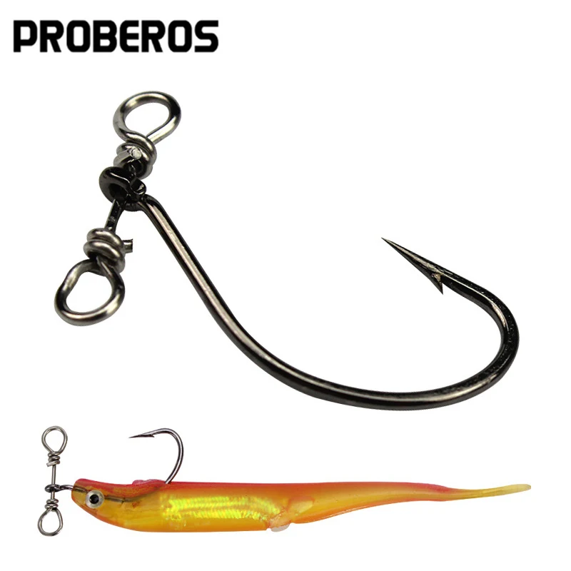Ganchos de tiro caído con ganchos giratorios en línea para pesca de perca de lubina, anzuelos de gusano compensados, anzuelo de cebo suave afilado de acero rico en carbono, 10 Uds.