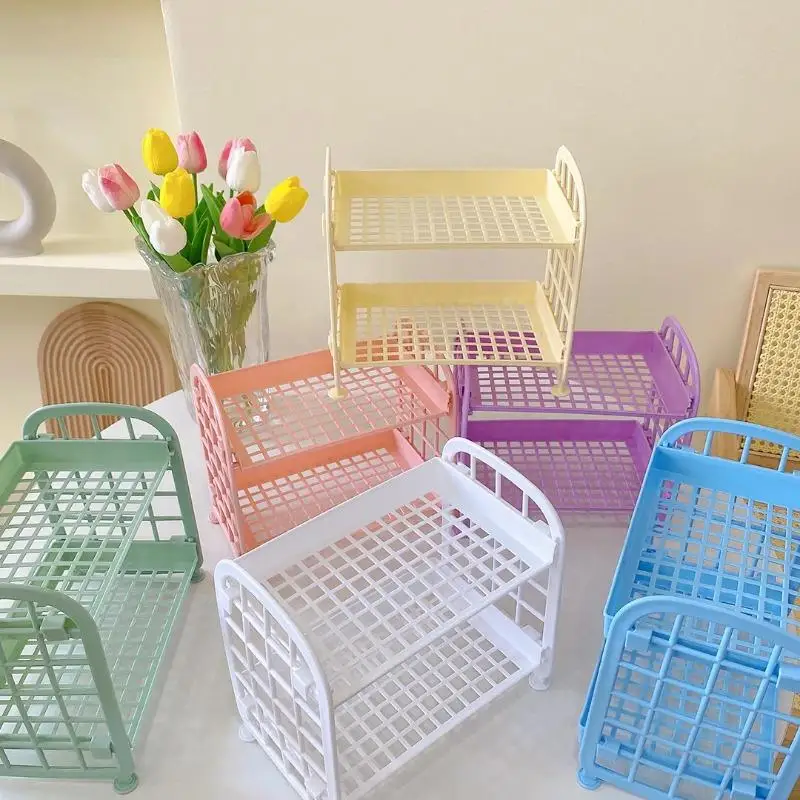 Estante de almacenamiento de maquillaje plegable de escritorio Ins, estante de almacenamiento de cosméticos, acabado, dormitorio, baño, Kawaii, doble capa - imagen 2