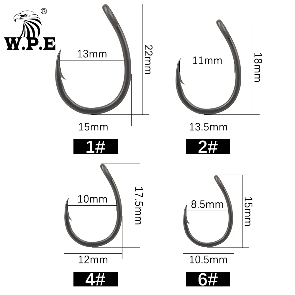 W.P.E 10 unids/pack anzuelos de pesca 1/2/4/6 #   Anzuelo de púas de acero rico en carbono, alimentador de pesca de carpa, anzuelos de señuelo, aparejos de pesca, anzuelo afilado - imagen 3