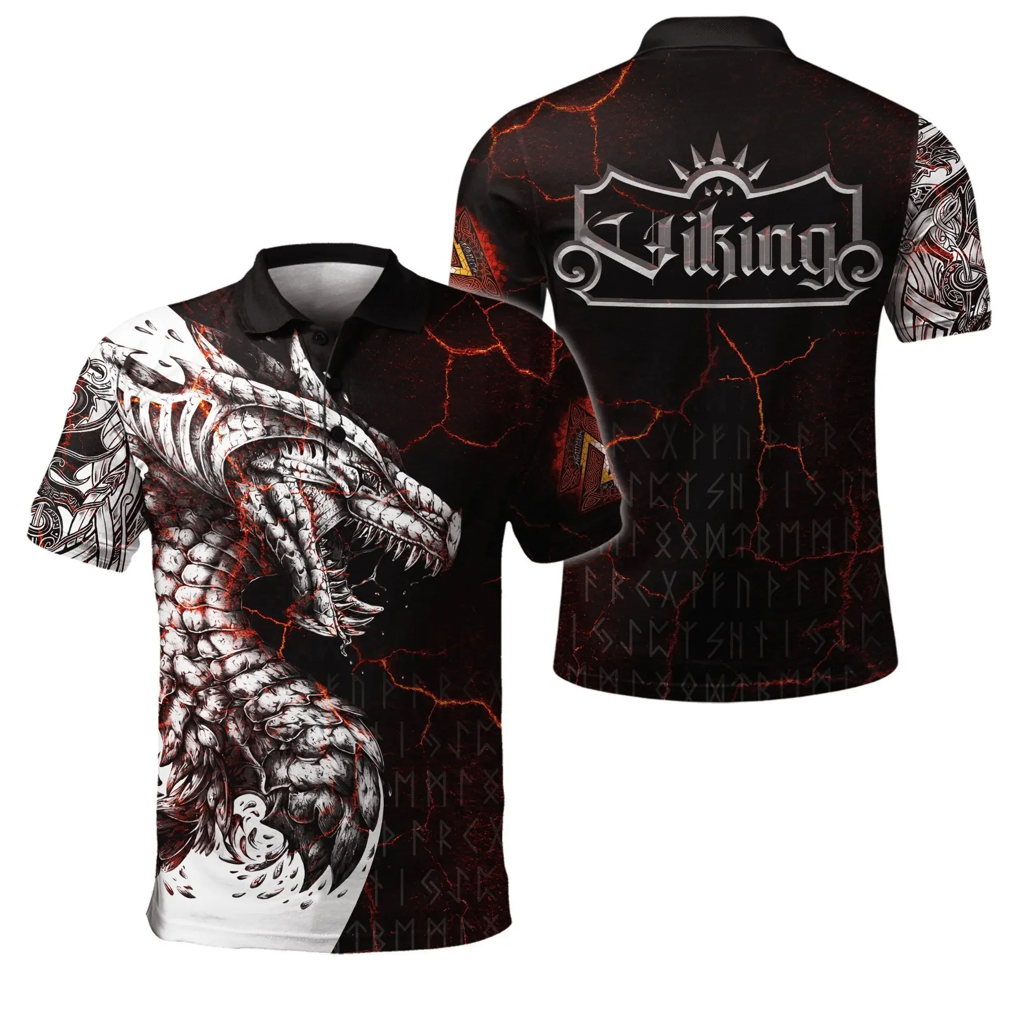 PLstar Cosmos Lobo tatuaje ojos rojos Valknut símbolo 3D completamente estampado hombres Polo camisas Casual solapa camisa de manga corta PLP07 - imagen 5
