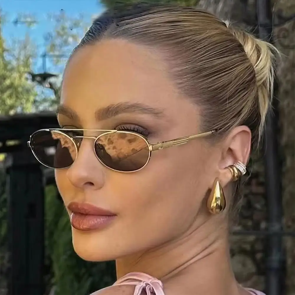 2025 Gafas de sol pequeñas Steampunk con marco de Metal, gafas Punk ovaladas, gafas de marca de lujo con doble puente para mujer - imagen 5