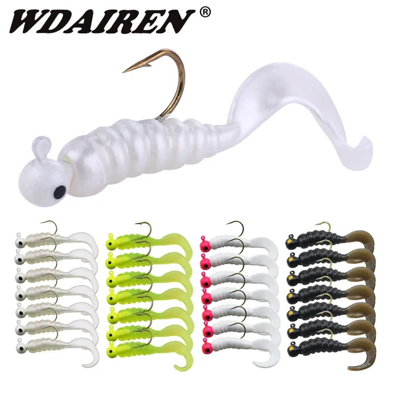 7 Uds cebo suave de silicona de gusano 4,8 cm 2,7g Jigging Wobblers pesca señuelos artificiales de Pvc con ganchos para aparejos de natación de cola de lubina