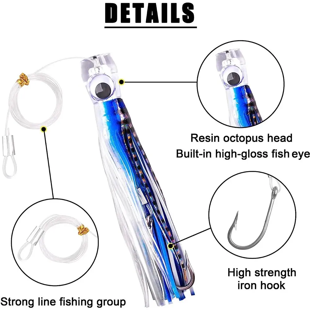 Este señuelo de pesca presenta una cabeza de pulpo de resina y un ojo de pescado de alto brillo diseñado para una pesca de línea fuerte