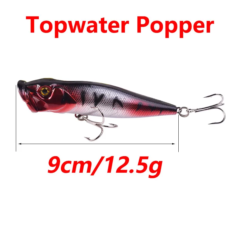 Señuelo de pesca Popper Wobbler de agua superior, 9cm, 12,5g, cebo Artificial duro de plástico con 6, 1 ud. #   Anzuelos para lubina, aparejos de pesca de bagre - imagen 3