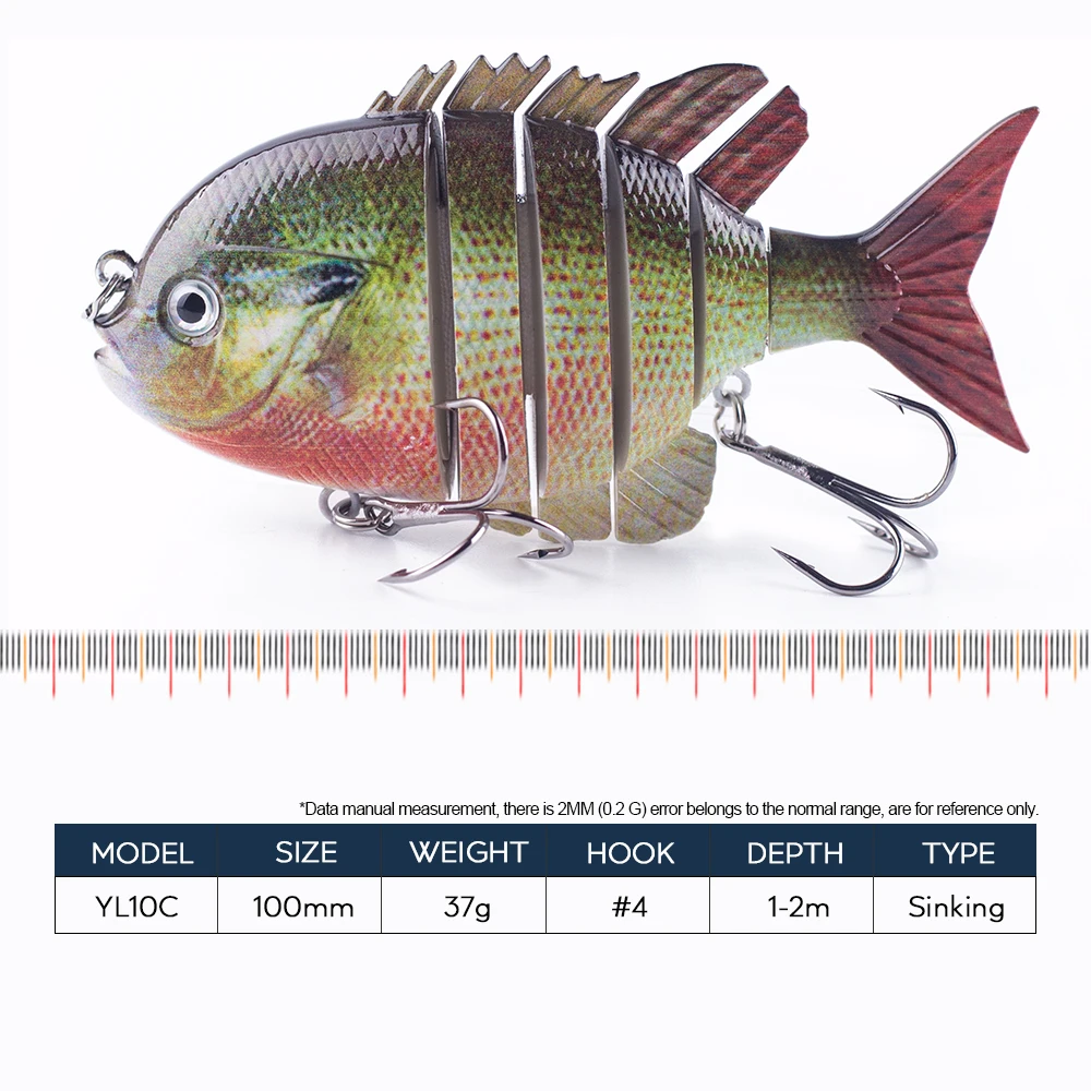 Hanlin Señuelos de Pesca Bluegill, Wobbler Multi articulado, cuerpo duro, cebos artificiales, Swimbaits, aparejos de peces solares que se hunden, 10cm, 37g - imagen 2