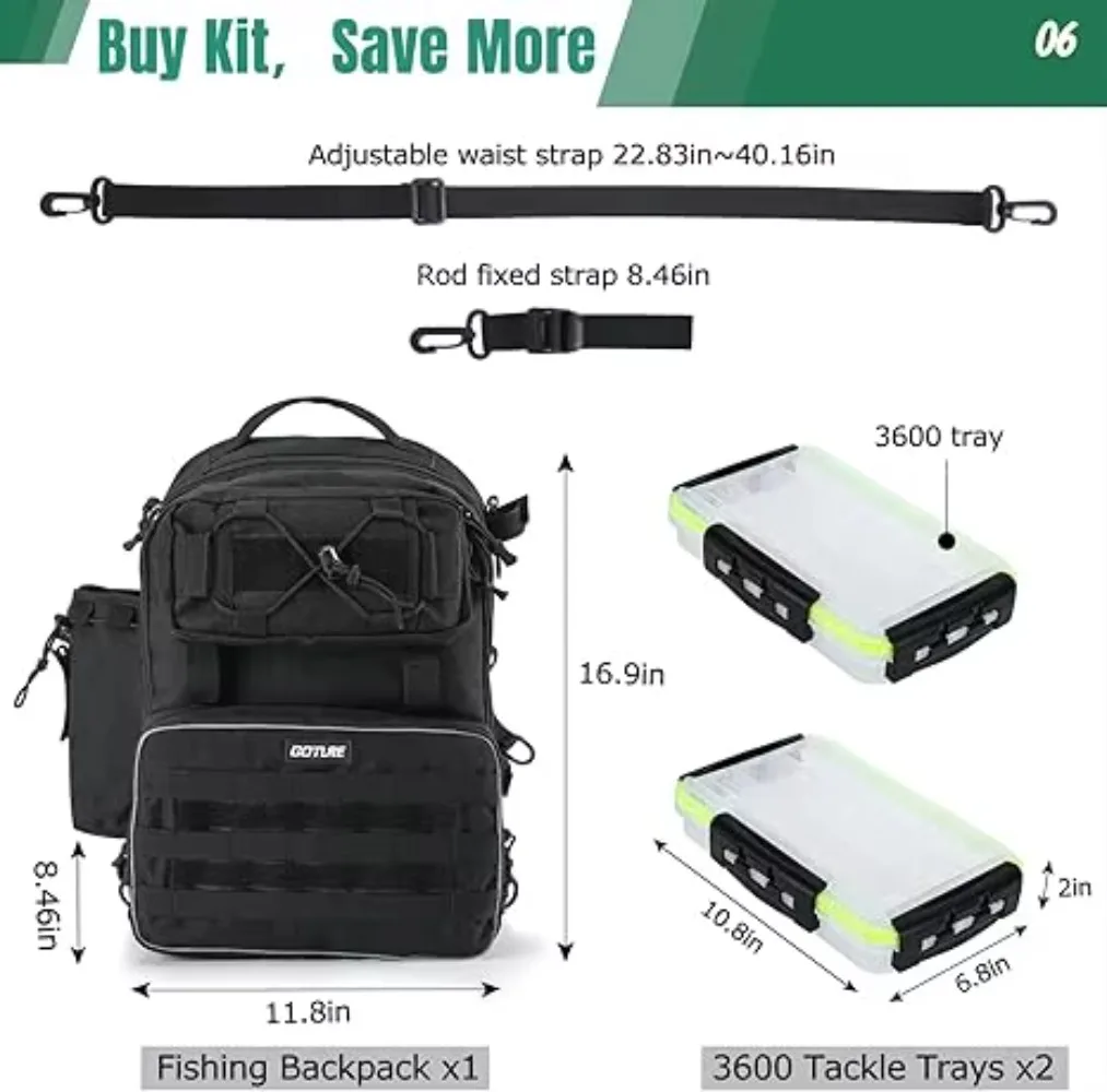 Goture Bolsa de aparejos de pesca al aire libre con caja de aparejos 2 × 3600 Combinación de bolsa impermeable multifunción de gran capacidad, para bolsa de camping - imagen 3