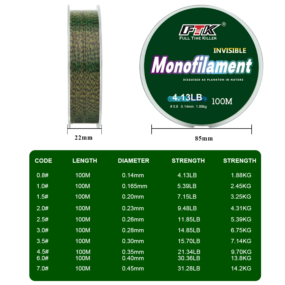 Línea manchada súper fuerte, línea de pesca Invisible de 100m, línea de pesca con revestimiento de fluorocarbono moteado, 0,20mm-0,50mm, 4,13LB-34,32LB - imagen 2