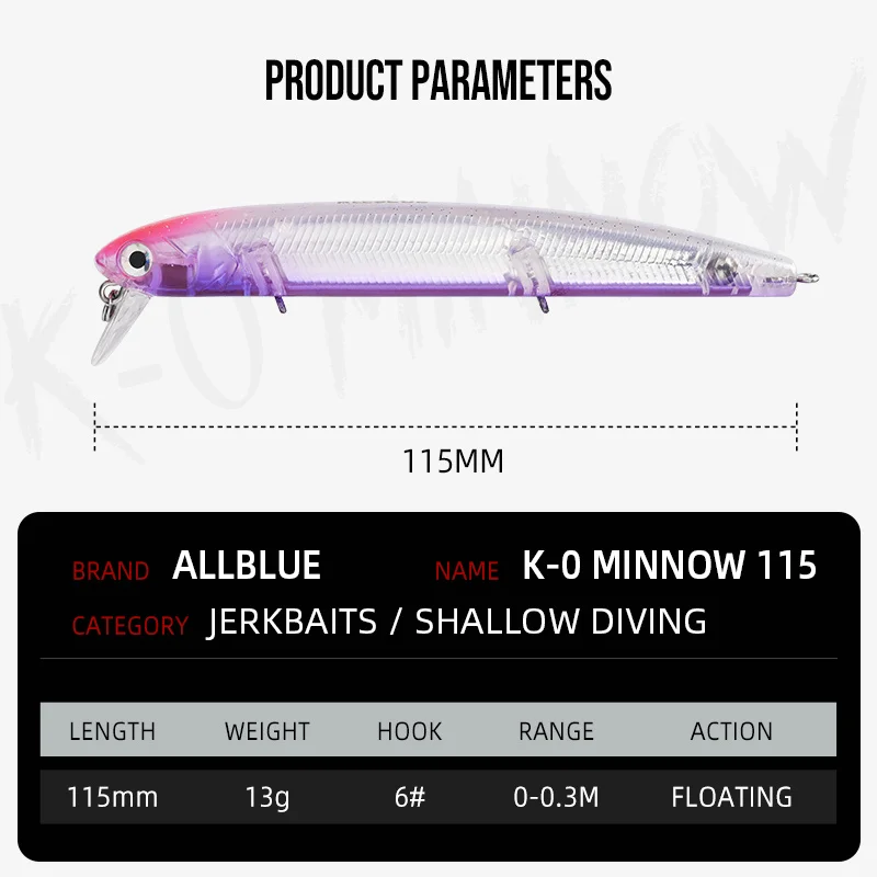 ALLBLUE K-0 Minnow Top Water Wobbler 115mm 13g señuelo de pesca flotante Jerkbaits cebo duro de buceo poco profundo 0-0,3 M aparejos de lubina - imagen 2