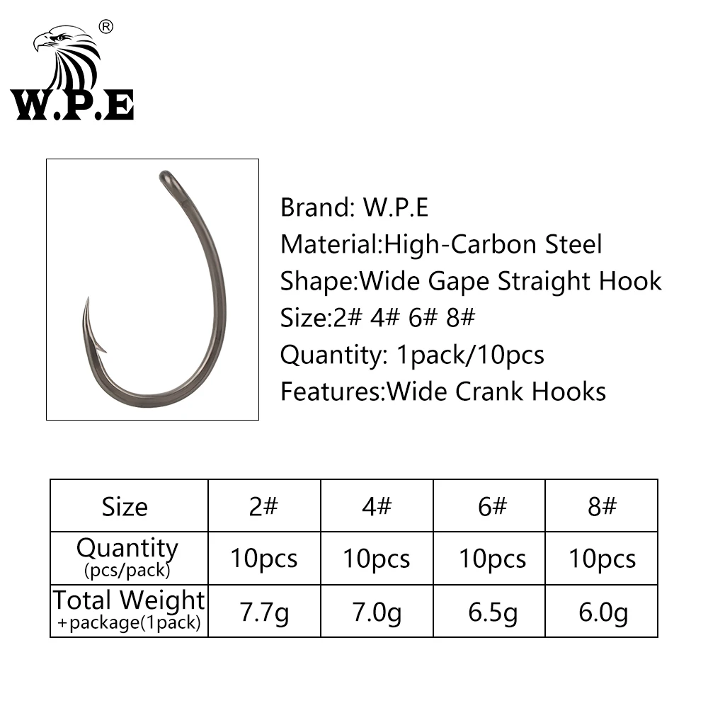 Anzuelos de pesca W.P.E 10 unidades/paquete 2/4/6/8 #   Anzuelo de pesca de carpa, anzuelos de púas afilados de acero rico en carbono, anzuelo de señuelo alimentador, aparejos de carpa para lubina - imagen 2