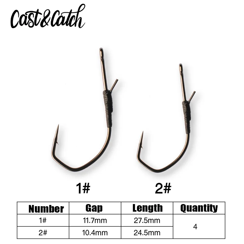 Fundición y captura, 4 Uds., gancho largo con pasador de bloqueo, gancho de pesca curvo de bloqueo de acero de aleación de alto carbono para señuelo de gusano suave, manivela de carpa con púas para lubina - imagen 2