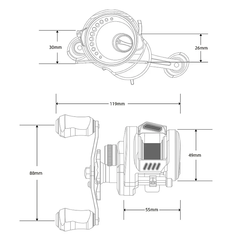 Vista lateral del carrete DK 100 para pesca al aire libre