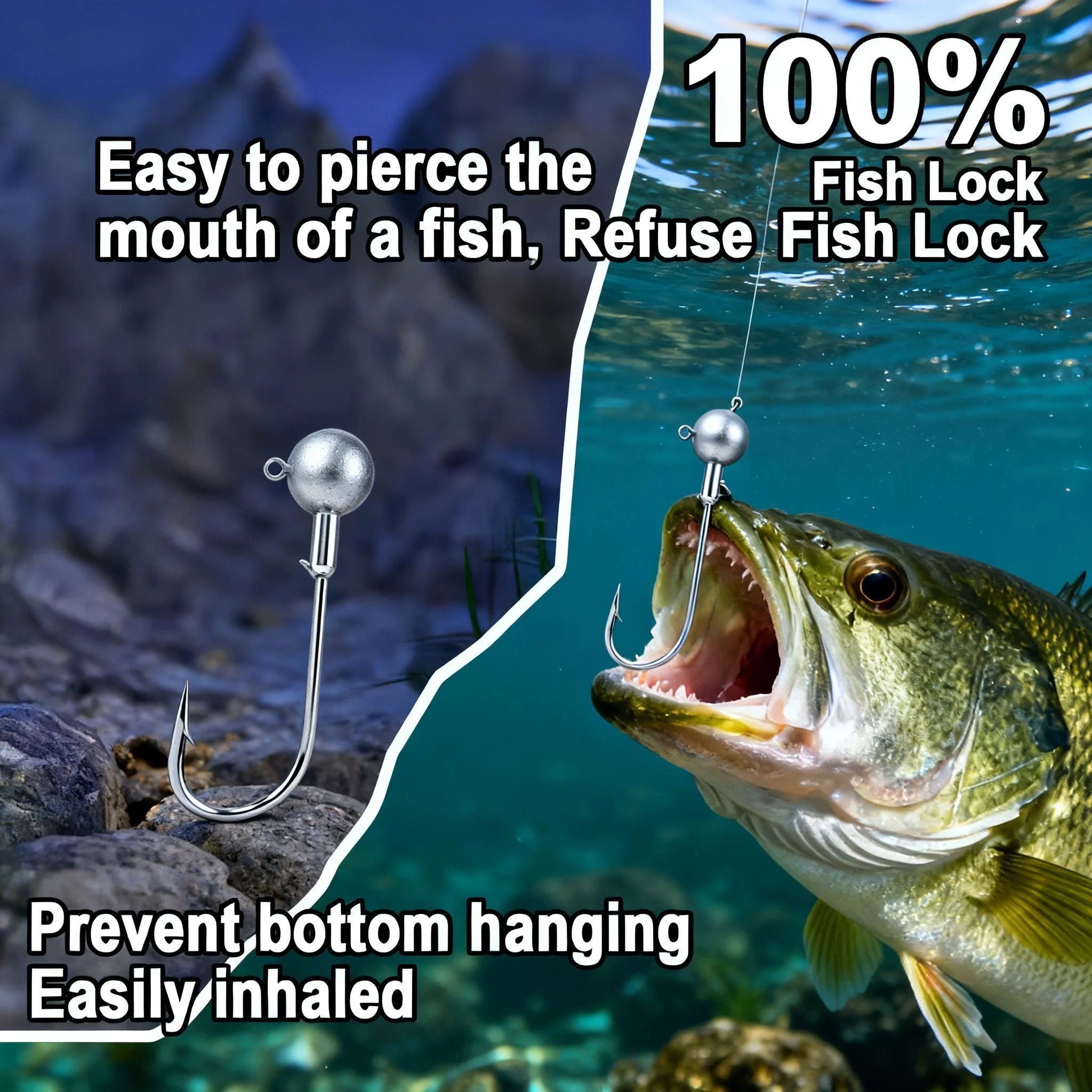 Anzuelo de pesca con cabeza de anzuelo grande, 50-20 unidades/caja, todos los tamaños, 1-20g, bolas redondas, anzuelos sin malezas, vástago largo para cebo de gusano suave