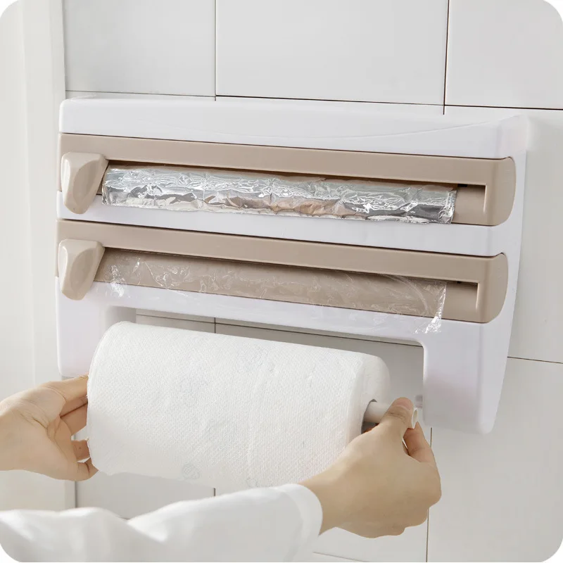 Soporte para papel de cocina, colgador de pañuelos adhesivo de montaje en pared, estante para botellas de salsa, organizador de soporte de corte de película adhesiva 4 en 1