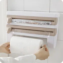 Soporte para papel de cocina, colgador de pañuelos adhesivo de montaje en pared, estante para botellas de salsa, organizador de soporte de corte de película adhesiva 4 en 1