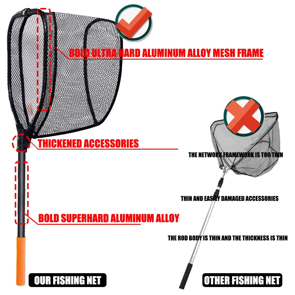 Red de pesca de aleación de aluminio reforzada de gran tamaño, poste de red de aterrizaje recubierto de goma para carpa marina, aparejos de pesca, liberación de captura - imagen 4
