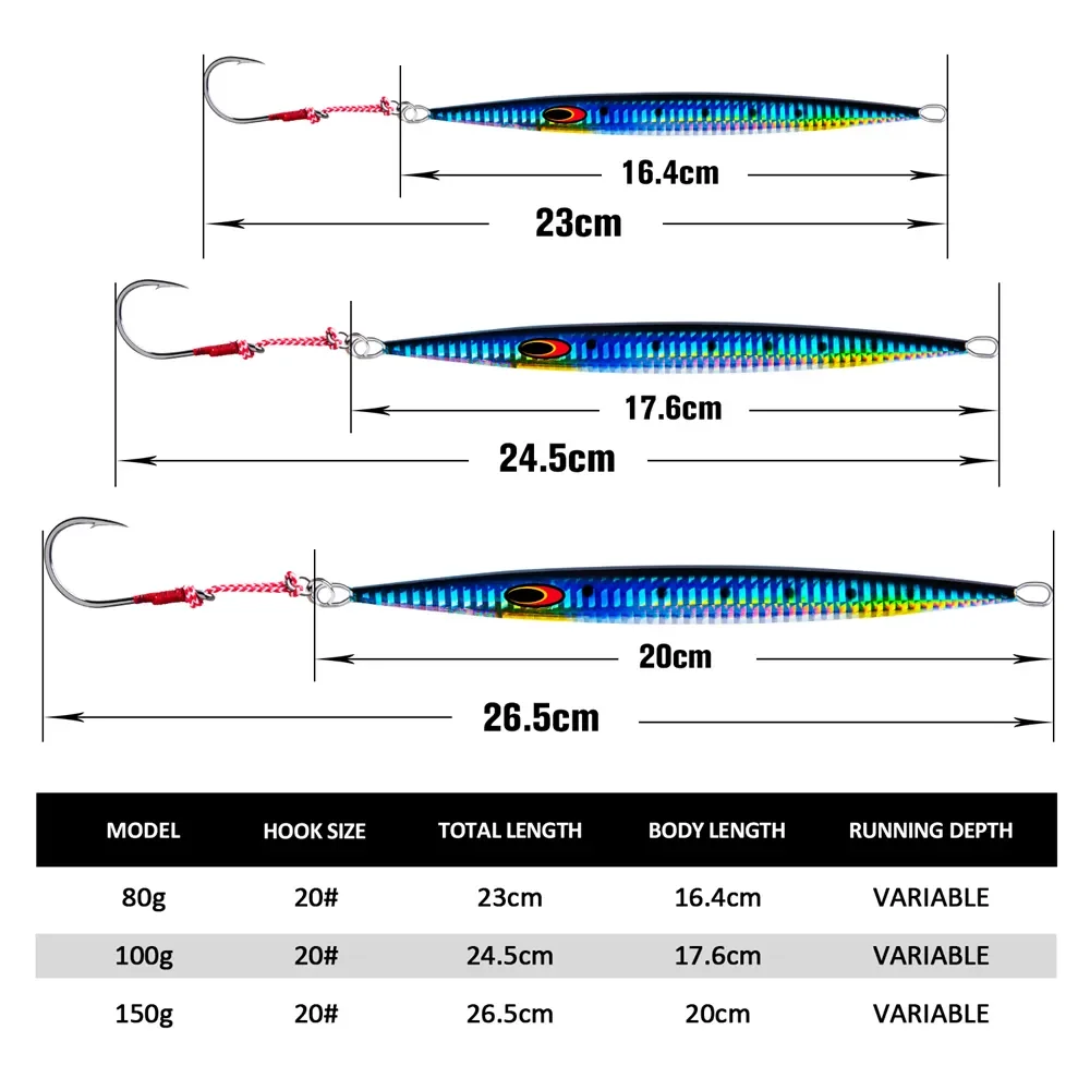 Goture-señuelo de pesca Jig, 80g, 100g, 150g, cuchara de Metal, Jigging, señuelos luminosos para pesca en agua salada, lubina y trucha - imagen 2