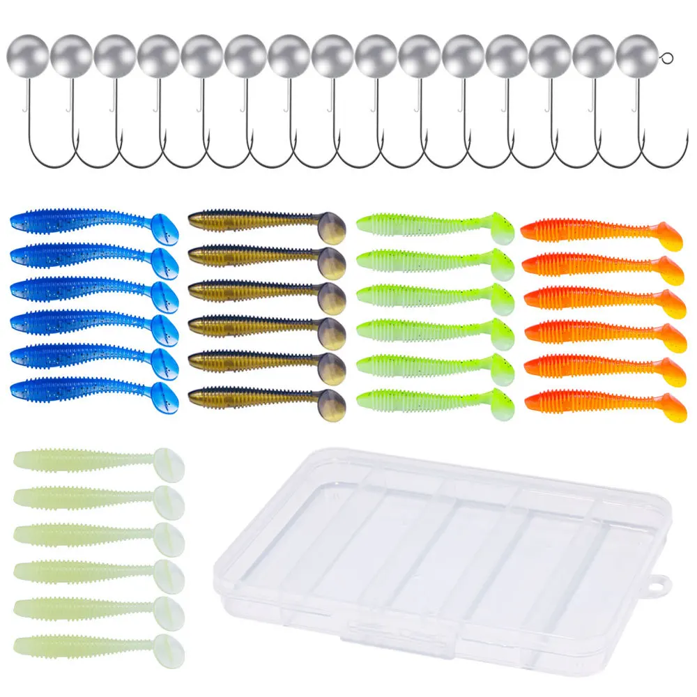 45 uds/34 uds/60 uds/65 Uds Kit de Señuelos de Pesca blandos juego de señuelos de silicona cebo Artificial gusano con manivela Jig Head Hook Bass Minnow