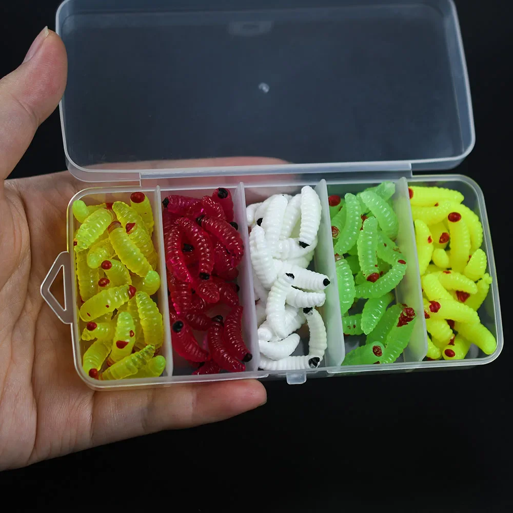 100 Uds Mini cebos de gusano suaves 2cm 5 colores mezclados Señuelos de Pesca silicona pan biónico gusano señuelo caja pesca trucha perca lubina - imagen 5