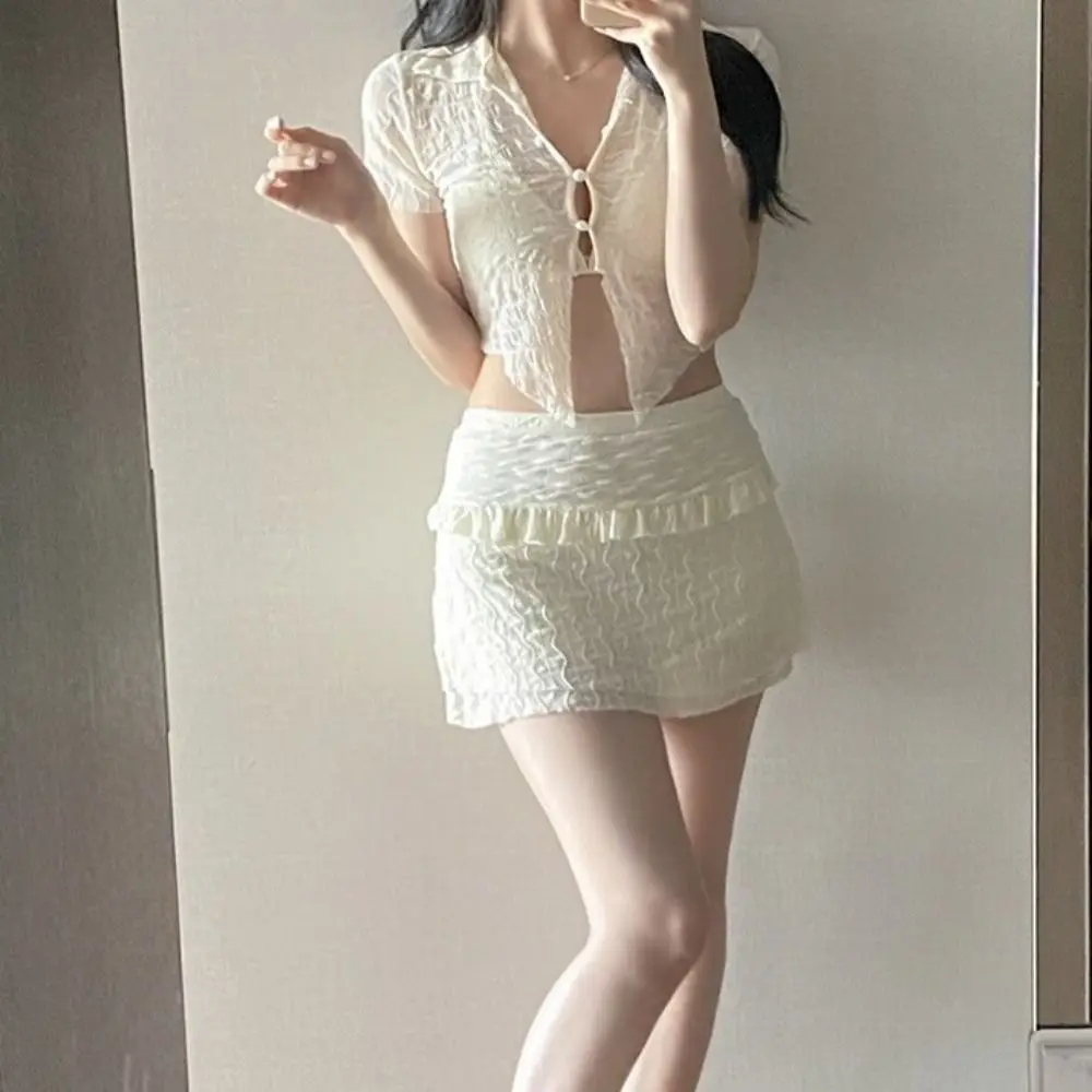 Nuevo Traje de baño de tres piezas de manga corta, traje de baño liso con volantes, traje de baño adelgazante de cintura alta, ropa de playa - imagen 5