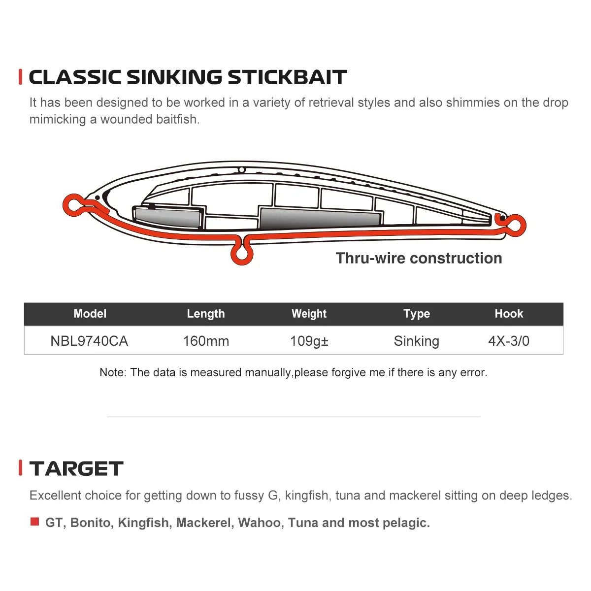 Noeby-señuelo de pesca Stickbait que se hunde, 160mm, 109g ± Wobblers de lápiz, cebos duros artificiales fuertes para GT, atún, Kingfish, Señuelos de pesca - imagen 3