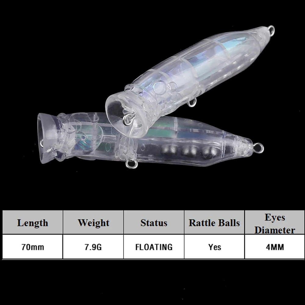 Chan'sHuang-Cebo en blanco sin pintar, 20 piezas, 70mm, 7,9g, Topwater, boca grande, Popper holográfico, sonajeros flotantes, Señuelos de Pesca DIY - imagen 2