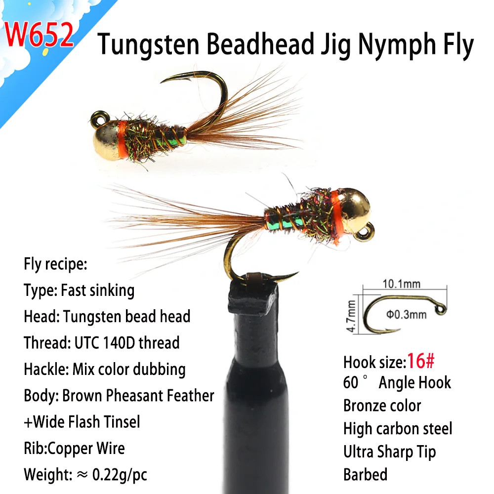 Wifreo 8 Uds. Plantilla de cabeza de cuentas de hundimiento rápido, anzuelo de púas con mosca de ninfa # 16 moscas húmedas Euro Ninfa para cebos de señuelos de pesca de trucha - imagen 4