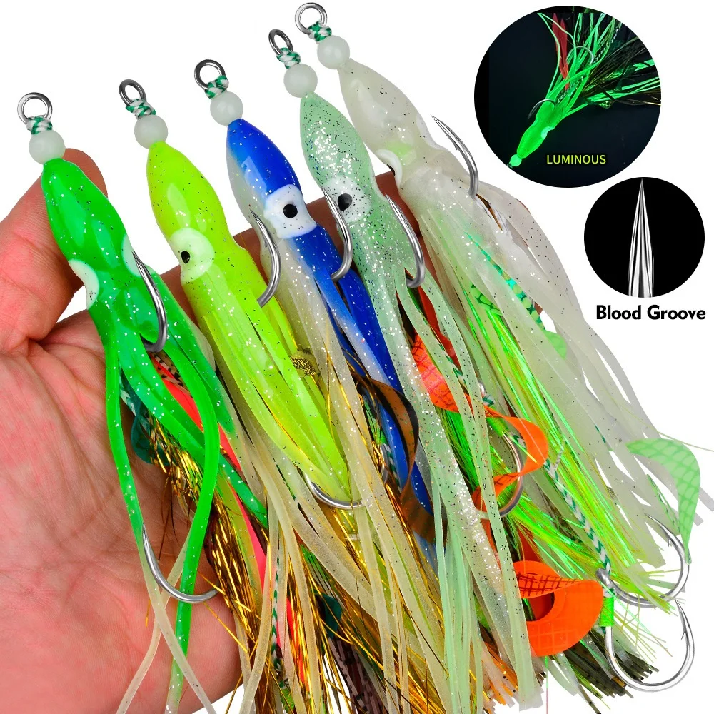 Cebos blandos de pulpo luminosos con anzuelos de jigging, señuelos de calamar de silicona coloridos para pesca nocturna, cebo de calamar, anzuelo de pesca Sabiki