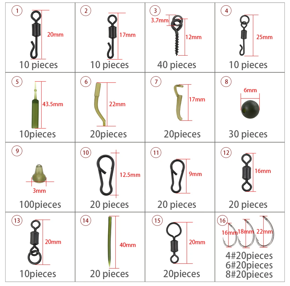 Hirisi-Kit de aparejos de pesca de carpa con caja, giratorios y broches de pesca, mangas antienredos de goma, gancho, cuentas de parada, aparejos de helicópteros - imagen 2