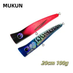 Señuelo de pesca MUKUN Big Game Popper, 200mm, 100g, cebo duro Artificial Topwater Popper para mar pesado, señuelo de pesca de atún GT
