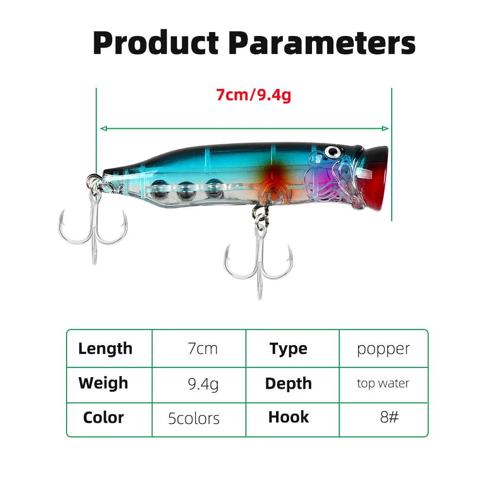 Señuelo Popper de pesca en superficie, cebo flotante de 7cm/9,4g con ondas de agua, cebo para pesca en agua de mar y agua dulce - imagen 2