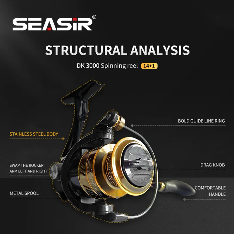 Seasir DK-carrete de pesca giratorio totalmente metálico, arrastre máximo 14 + 1BB, rueda de pesca de 15kg, agua salada, barato, diseñado en Japón - imagen 3
