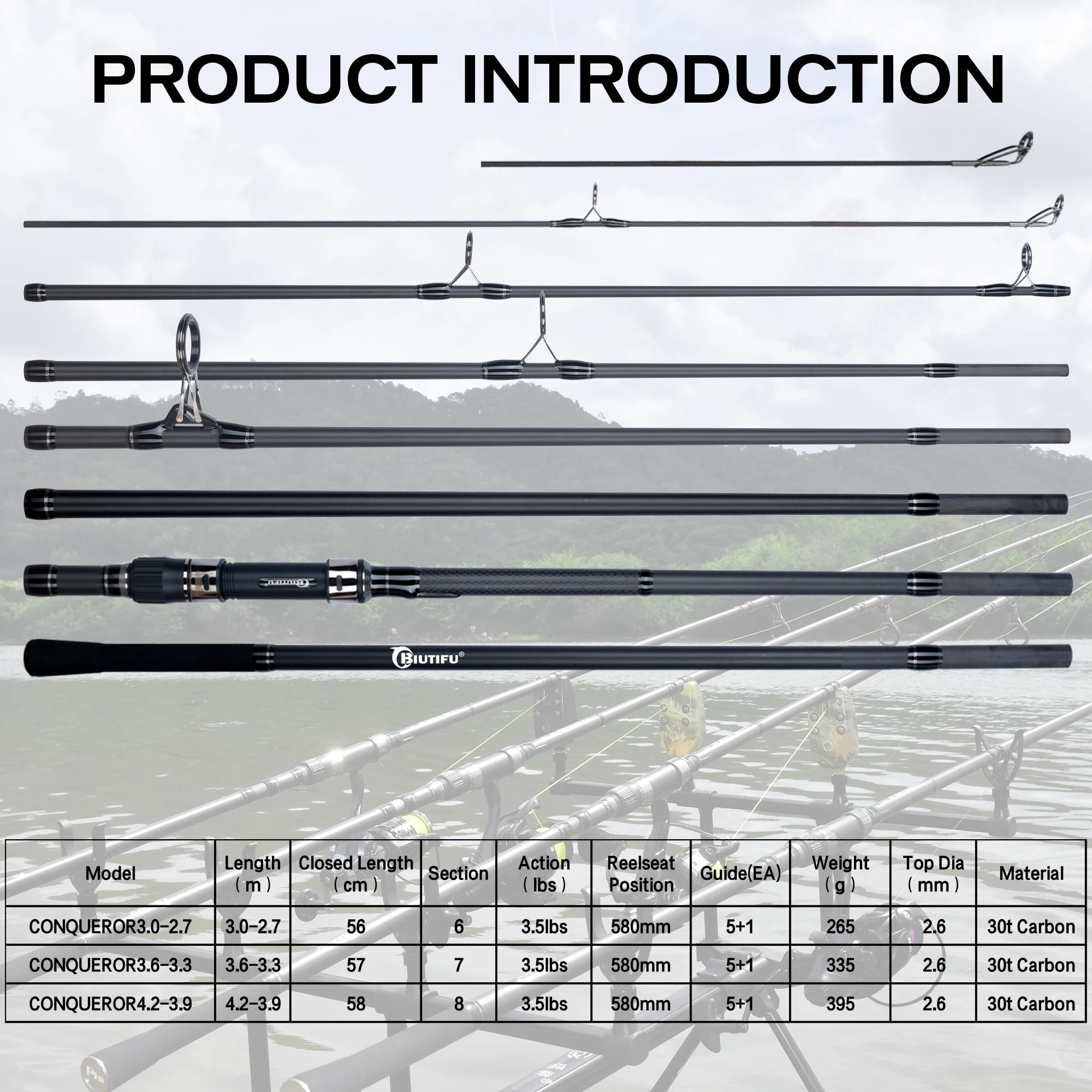 FELENHAI-varilla alimentadora de carpa de viaje, 4,2 m, 3,9 m, 3,6 m, 3,3 m, 3m, 2,7 m, fibra de carbono, 3,5 lb, caña de pescar dura para Surfcasting, aparejos para Spinning - imagen 2