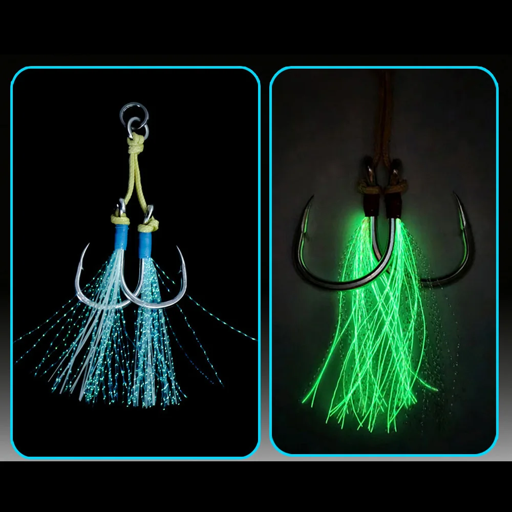 AS 10 pares de anzuelos de pesca que brillan, anzuelo doble, señuelo de plantilla, barco de pesca, anzuelo de Lucio de pesca en el mar, anzuelo de ayuda con púas de Jigging lento/rápido - imagen 5