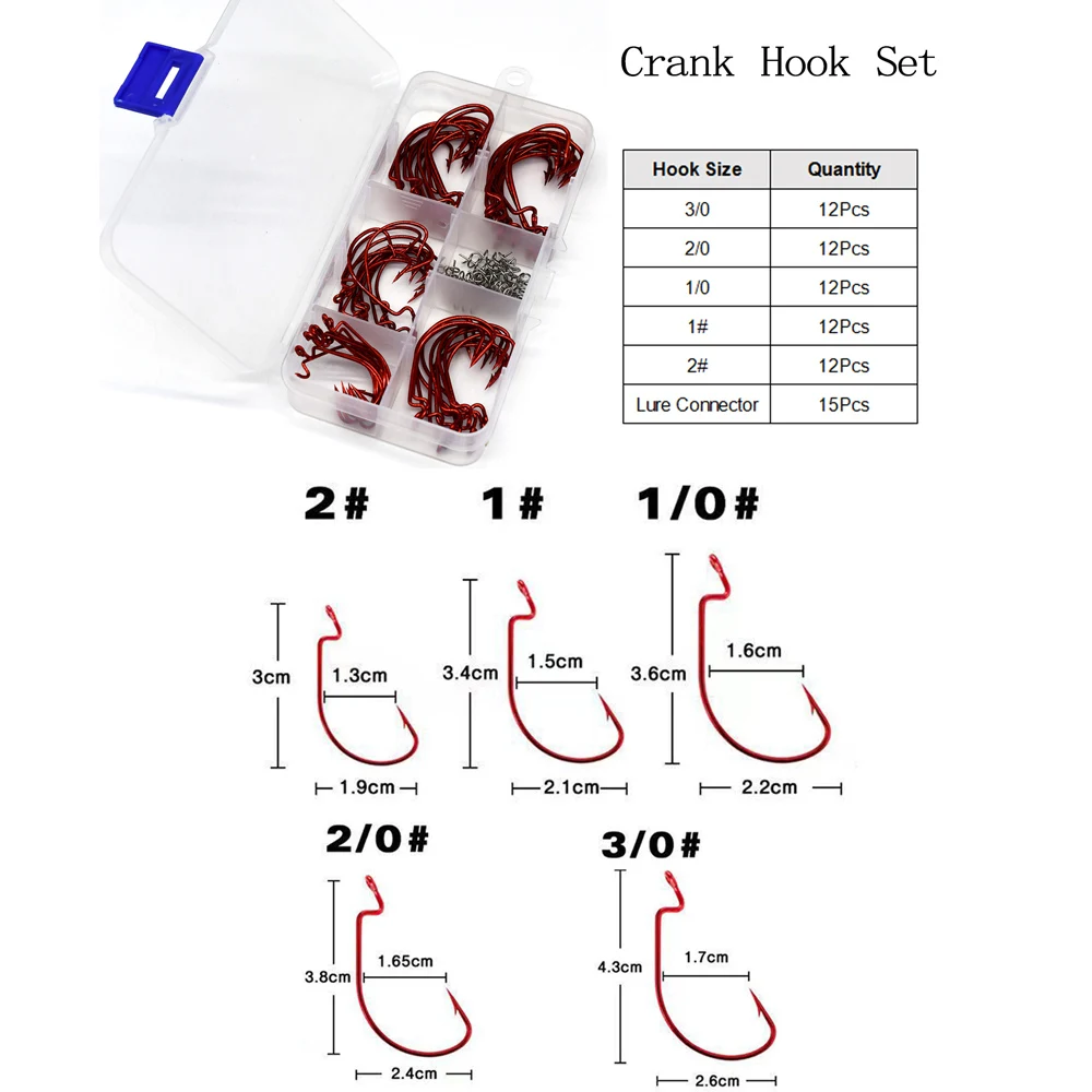 MNFT-Juego de anzuelos de manivela roja de 60 piezas, Conector de señuelo suave de 15 piezas, acero de alto carbono, tamaño 1 #2 #1/0 #2/0 #3/0 # - imagen 2
