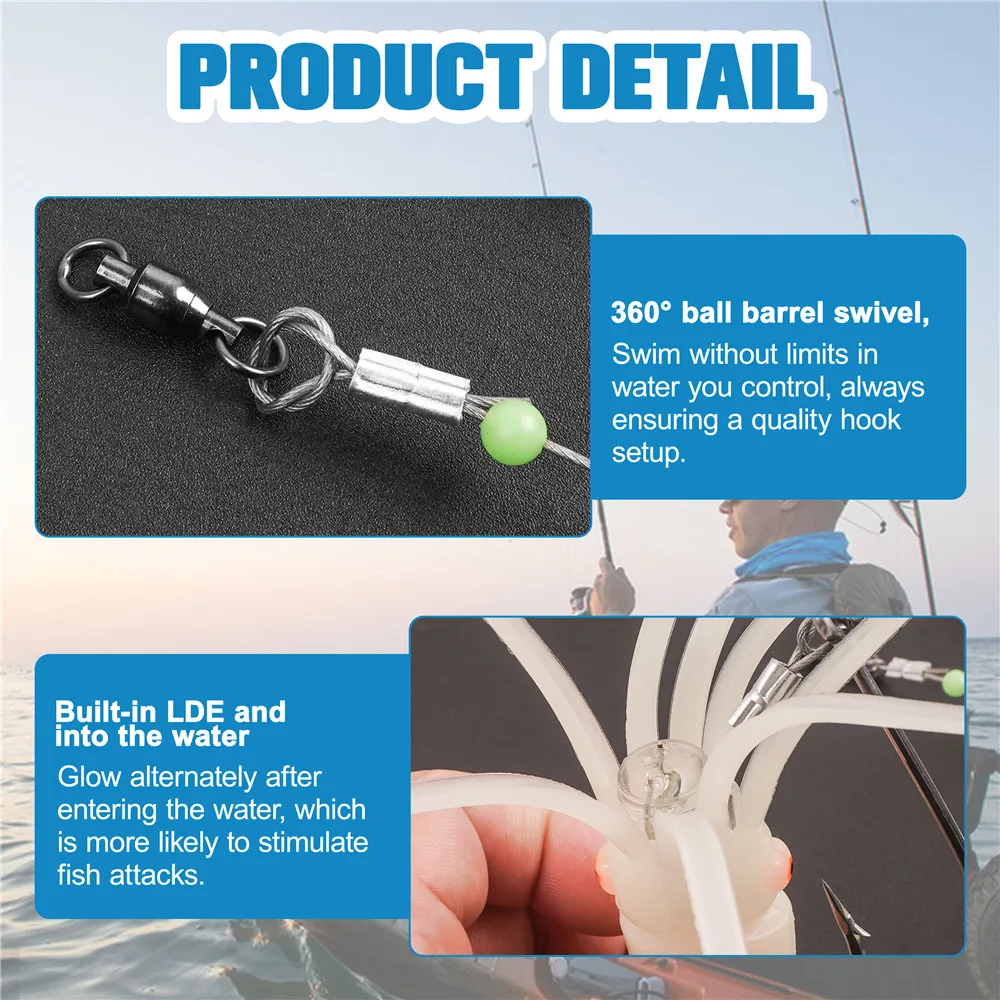 Señuelos de pesca de calamar iluminados en agua salada, 3 uds., 6/0 anzuelos, plantilla de calamar, halibut, Ling, bacalao, señuelos de curricán, Flasher, señuelos de atún en alta mar - imagen 4