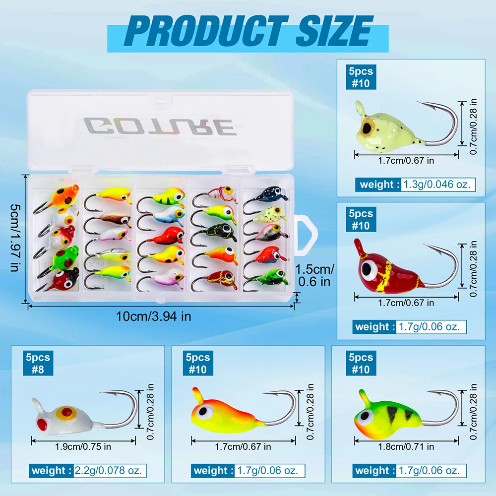 Goture-Juego de señuelos de pesca en hielo, 25 unids/lote, 1,5g, 2g, luminoso con acciones de natación vívidas, Jig, Bonic, para invierno - imagen 4