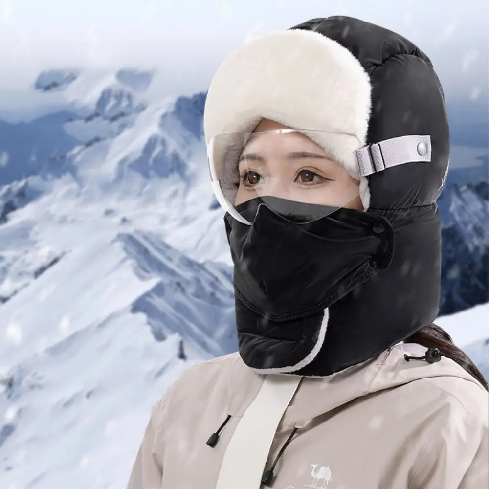 Gorros con orejeras de felpa de invierno ruso Ushanka con gafas, gorro con capucha para ciclismo, gorro a prueba de viento, gorros para nieve, orejeras cálidas gruesas para invierno - imagen 3