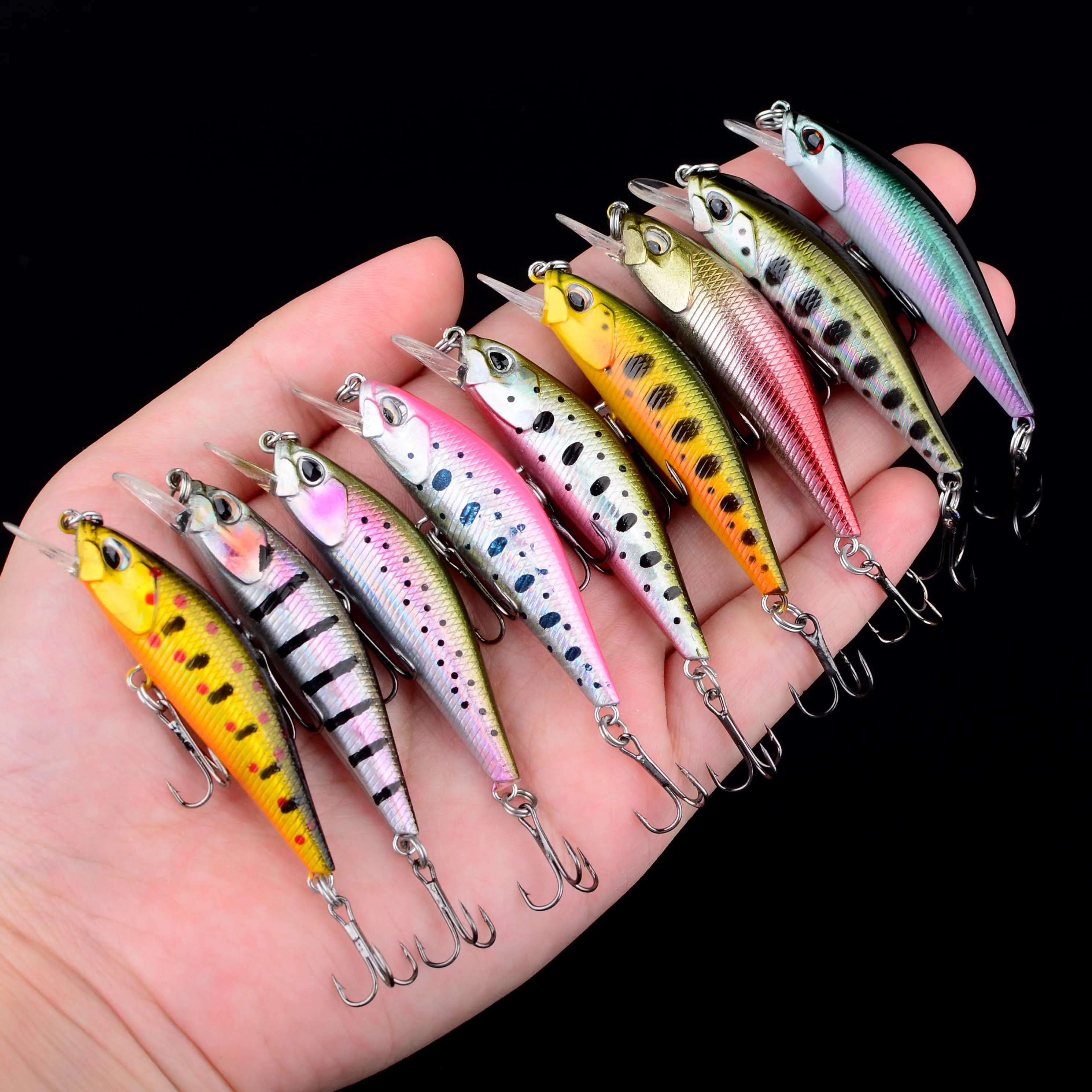 9 Uds. Señuelos de pesca duros Minnow cebos de calidad Wobblers aparejos de pesca profesionales artificiales