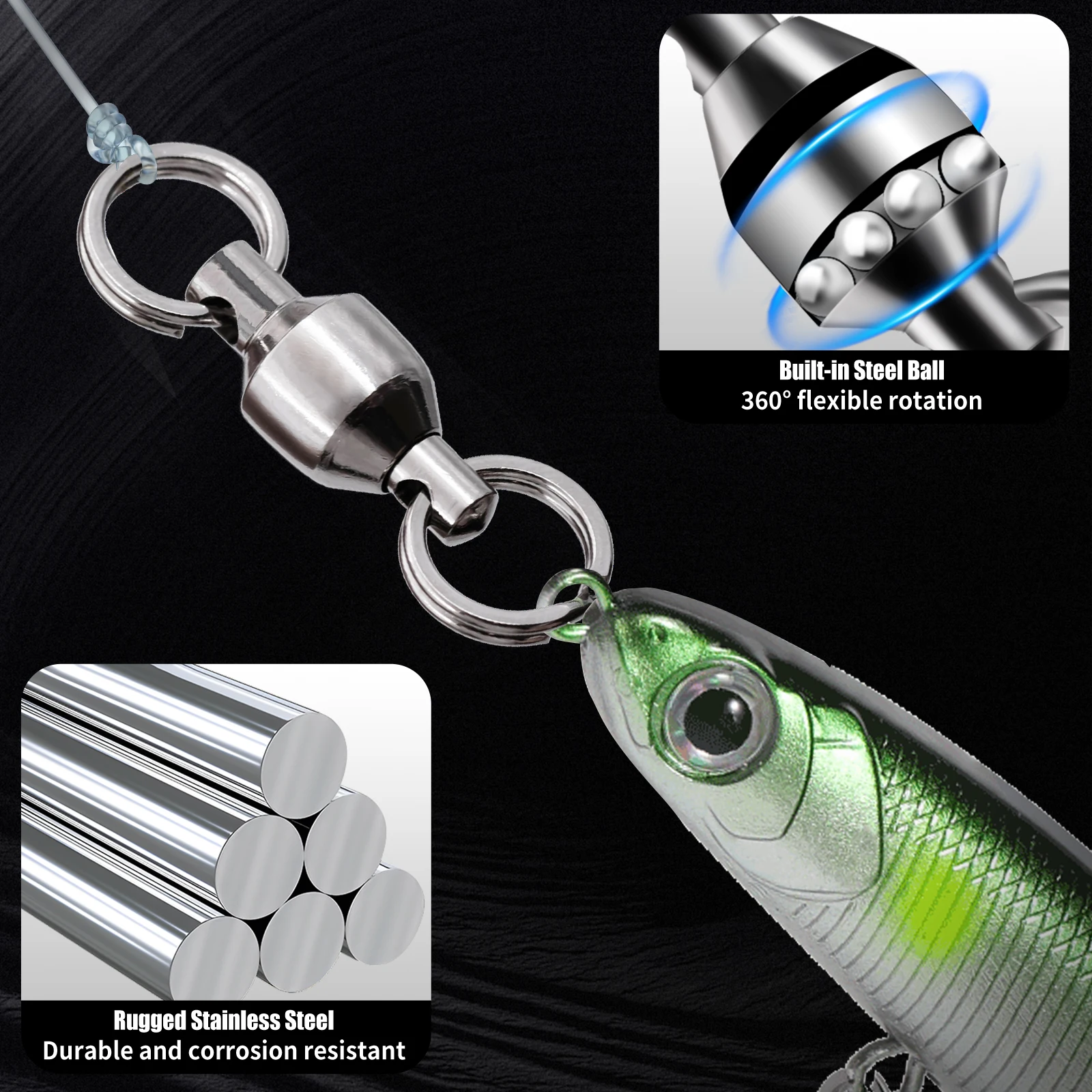 Giratorios de pesca con anillos divididos, 25 ~ 100 Uds., Clips de velocidad giratorios con rodamiento de bolas, conector de señuelo de pesca inoxidable a presión, agua salada 0 ~ 10 # - imagen 4